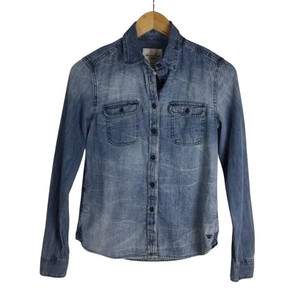 American eagle outfitters jeans button down shirt BLUE denim XS 100% cotton AEO